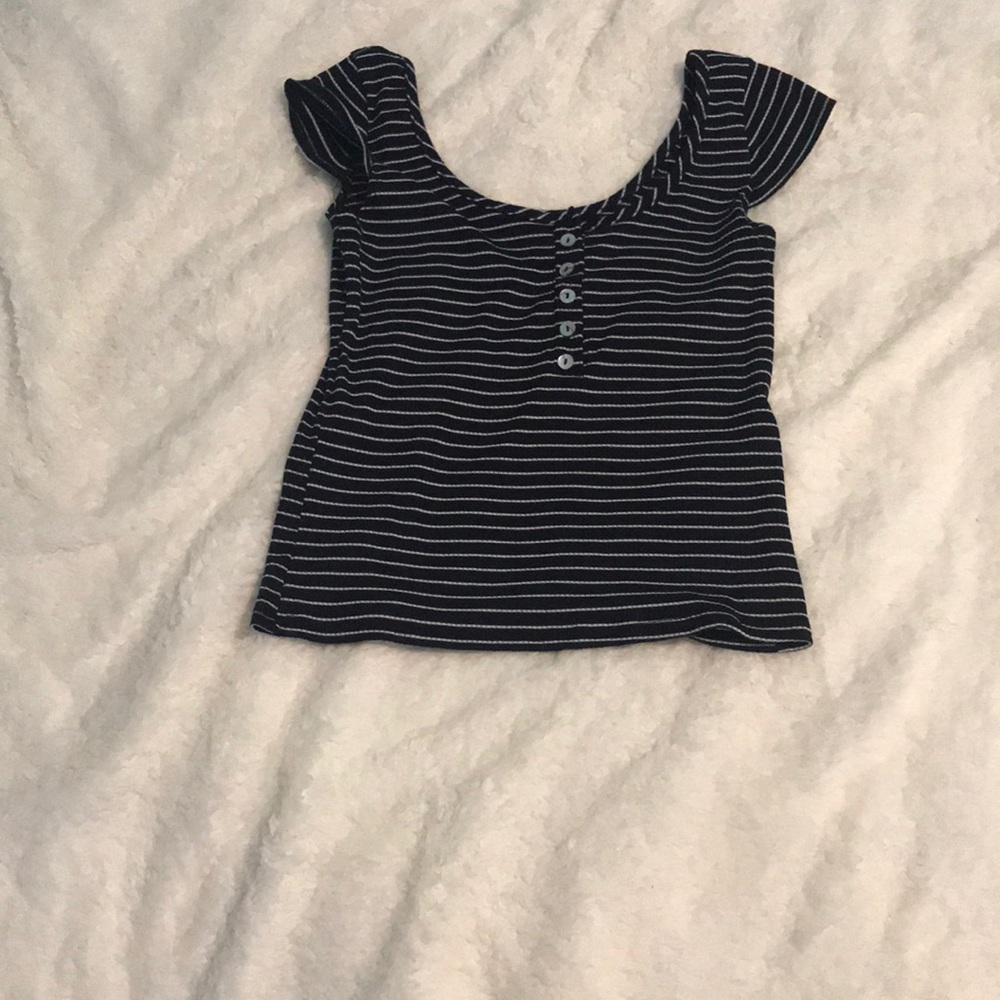 Blue and white tee off the shoulder